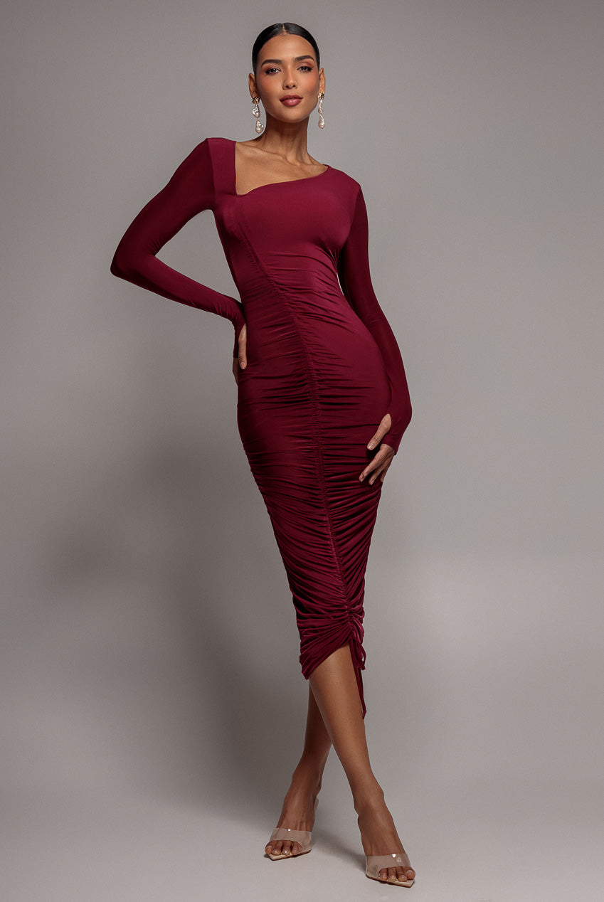 Asymmetrical Neck Ruched Midi Dress - Wine DR3541