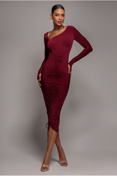 Wine - Asymmetrical Neck Ruched Midi Dress - Wine by Goddiva