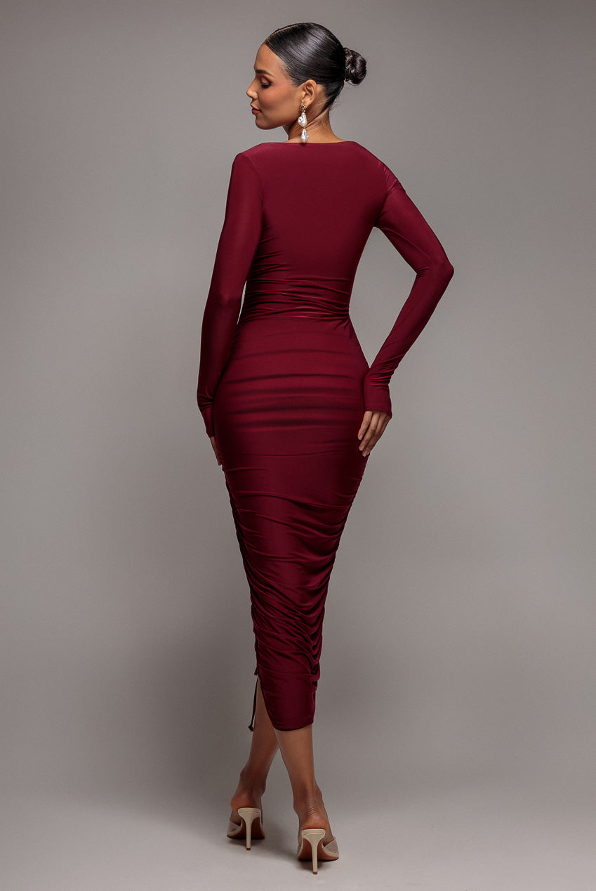Asymmetrical Neck Ruched Midi Dress - Wine DR3541
