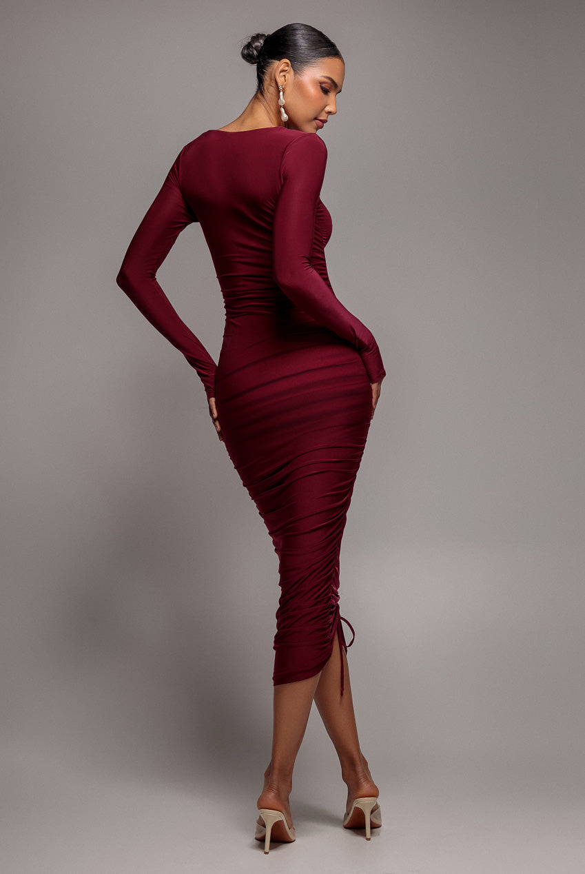 Asymmetrical Neck Ruched Midi Dress - Wine DR3541
