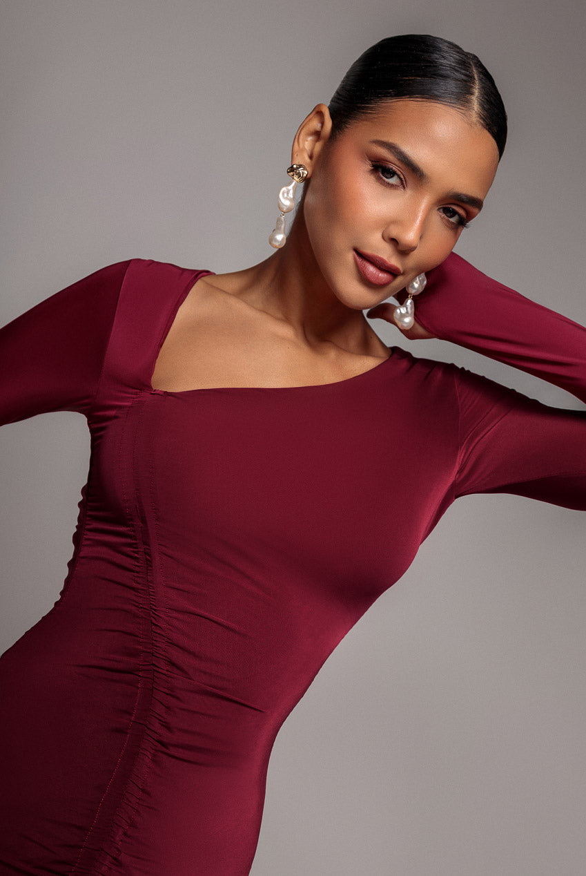 Asymmetrical Neck Ruched Midi Dress - Wine DR3541