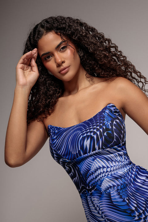Abstract Bandeau Bodycon Midi Dress - Royalblue by Goddiva