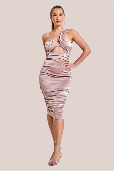 Champagne - Ring Detail One Shoulder Ruched Midi - Champagne by Goddiva