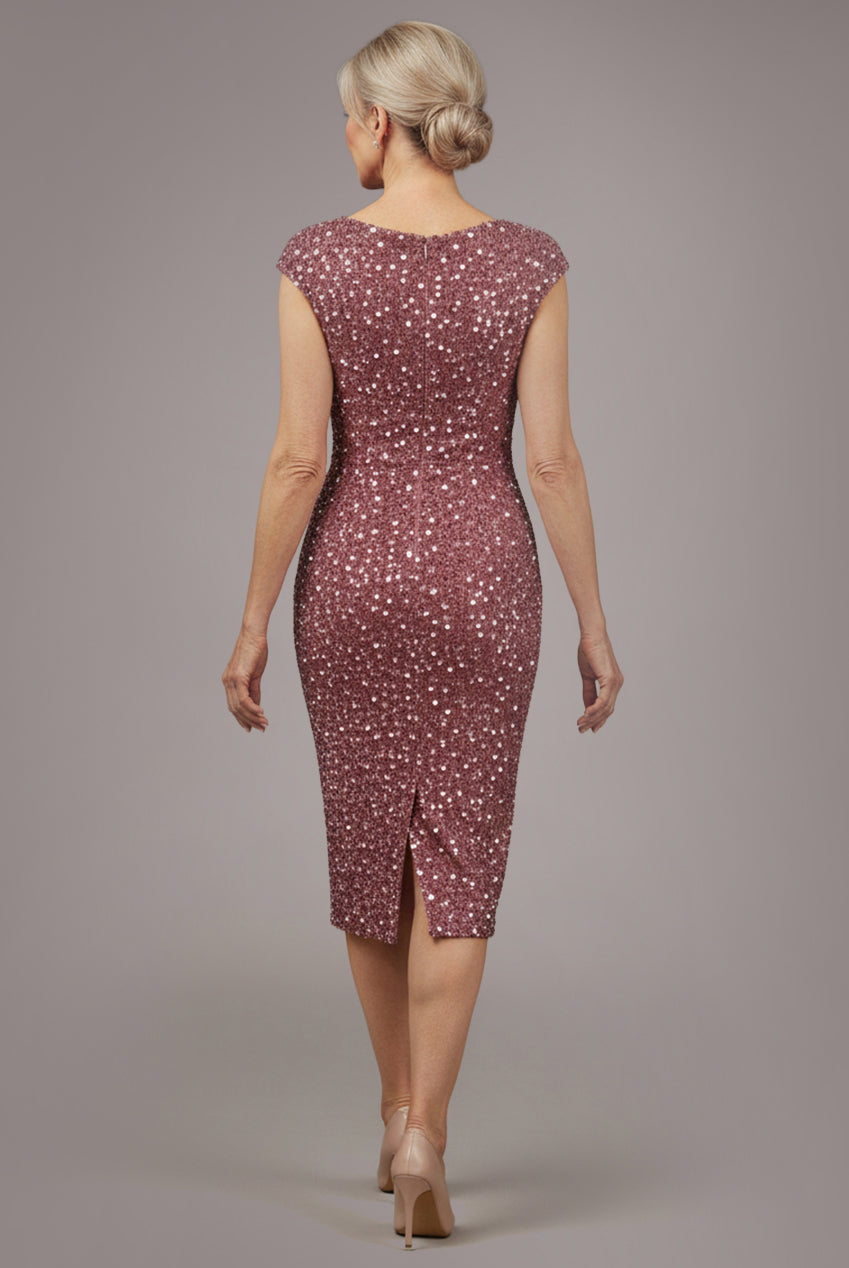 Multi Sequin & Velvet Bardot Midi Dress - Blush Pink DR3550M