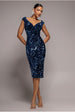Multi Sequin & Velvet Bardot Midi Dress - Navy Blue by Goddiva