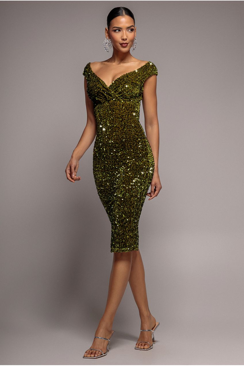 Multi Sequin & Velvet Bardot Midi Dress - Olive Green