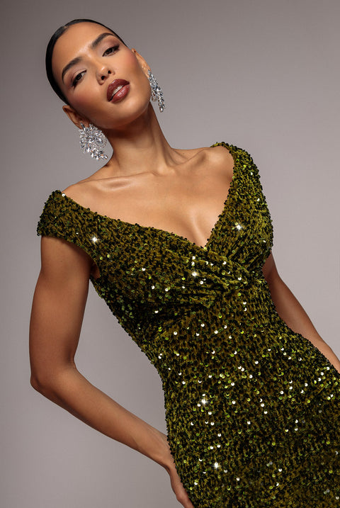 Multi Sequin & Velvet Bardot Midi Dress - Olive Green by Goddiva