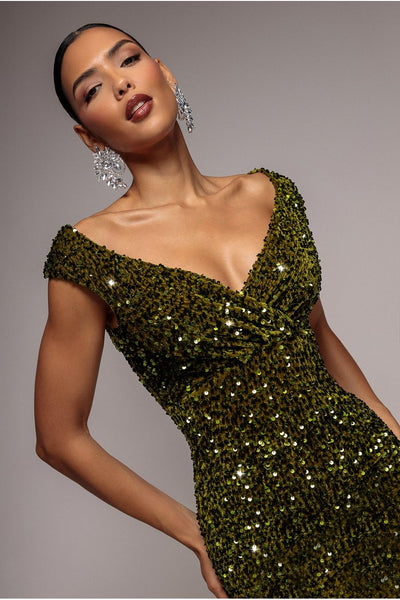 Olive - Multi Sequin & Velvet Bardot Midi Dress - Olive Green by Goddiva