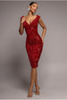 Multi Sequin & Velvet Bardot Midi Dress - Red by Goddiva