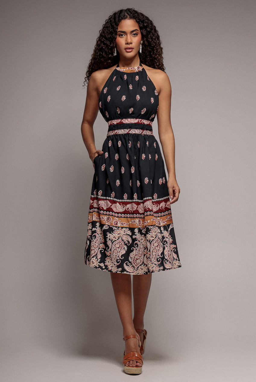 Halter Neck Printed Midi Dress - Black DR3557