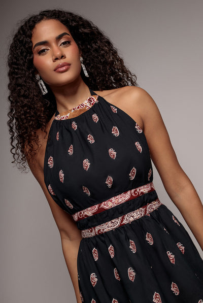 Black - Halter Neck Printed Midi Dress - Black by City Goddess
