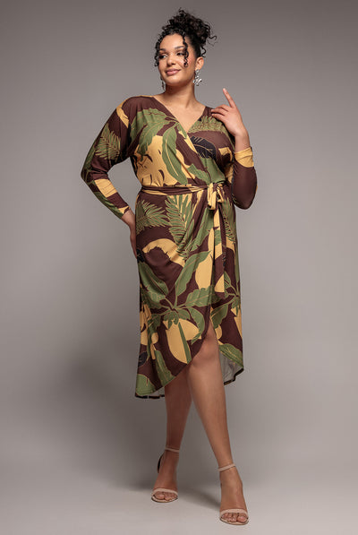 Brown - Printed Batwing Wrap Midi Dress - Brown by Goddiva Plus