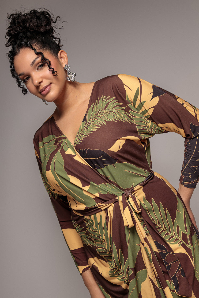 Printed Batwing Wrap Midi Dress - Brown DR3575P