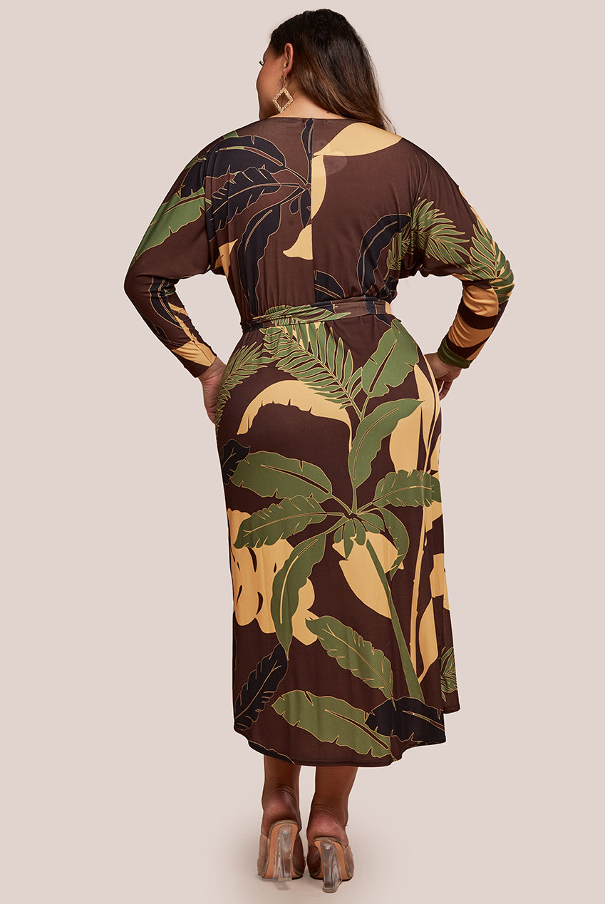 Printed Batwing Wrap Midi Dress - Brown DR3575P