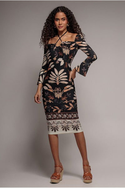 Printed Tie Back Midi Dress - Black by Goddiva