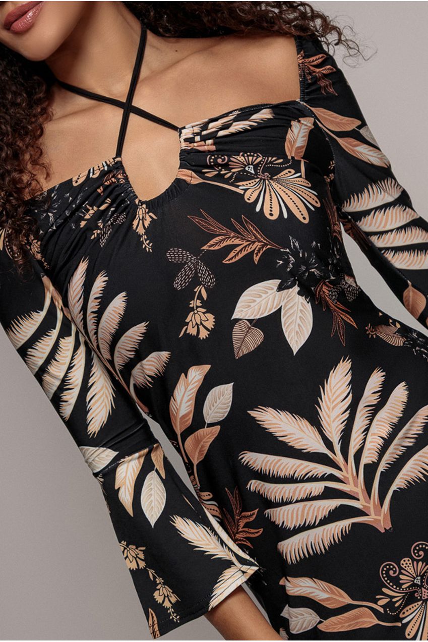 Printed Tie Back Midi Dress - Black DR3576