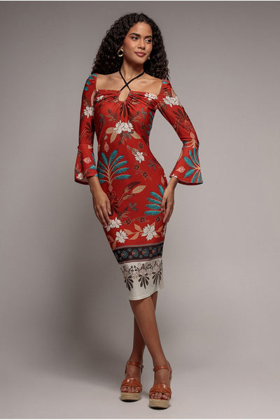 Printed Tie Back Midi Dress - Orange by Goddiva