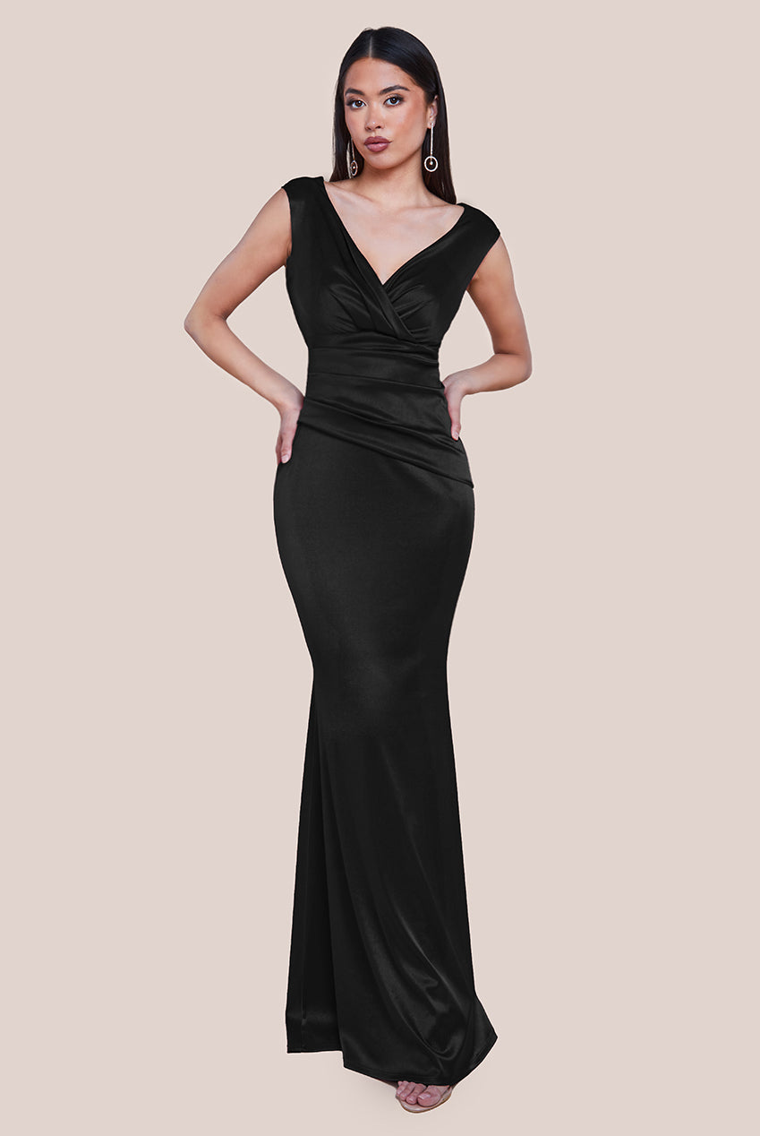 Satin Off The Shoulder Maxi Dress - Black DR3580