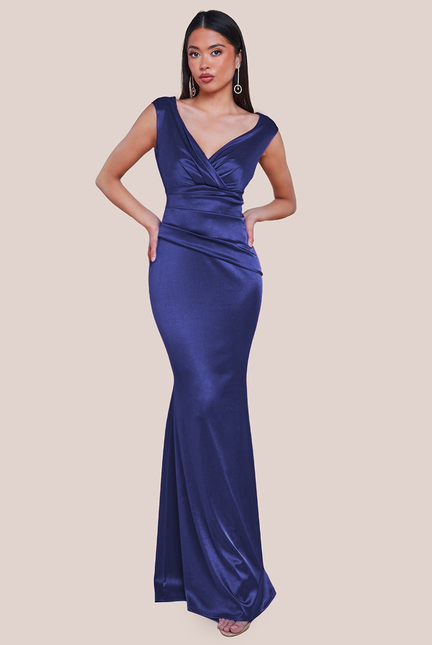 Satin Off The Shoulder Maxi Dress - Navy DR3580