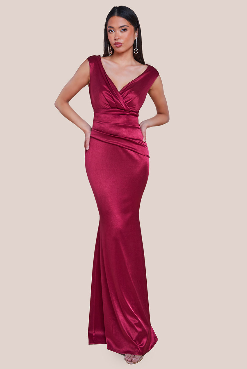 Satin Off The Shoulder Maxi Dress - Wine DR3580