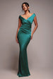 Satin Off The Shoulder Maxi Dress - Emerald Green by Goddiva