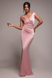 Satin Off The Shoulder Maxi Dress - Pink by Goddiva