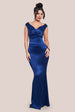 Satin Off The Shoulder Maxi Dress - Navy Blue by Goddiva