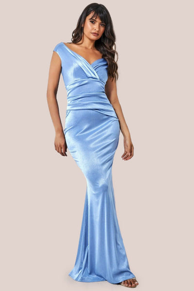 Satin Off The Shoulder Maxi Dress - Dusty Blue by Goddiva