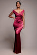 Satin Off The Shoulder Maxi Dress - Wine by Goddiva