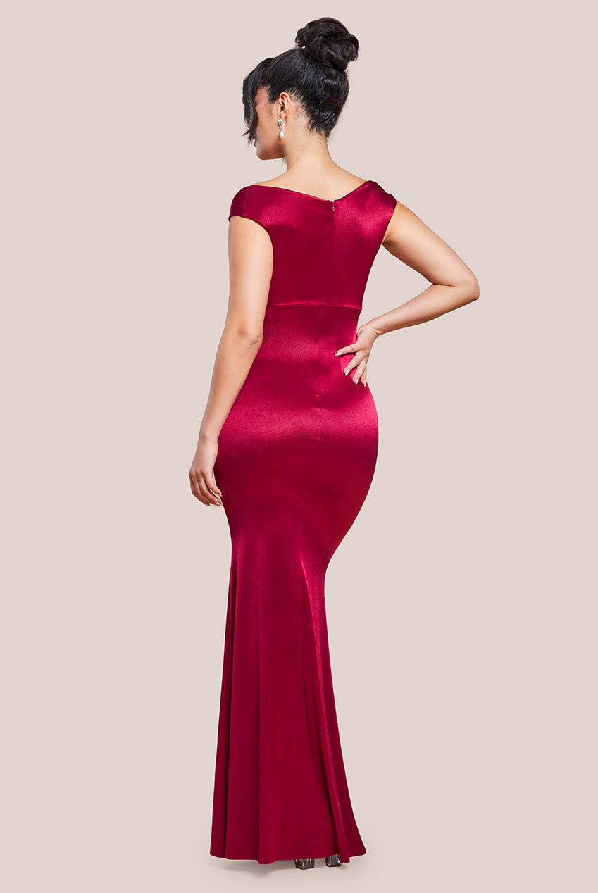 Satin Off The Shoulder Maxi Dress - Wine DR3580