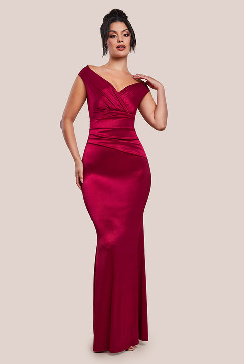 Satin Off The Shoulder Maxi Dress - Wine DR3580