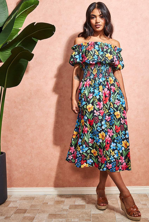 Off The Shoulder Floral Midi Dress - Black by Goddiva