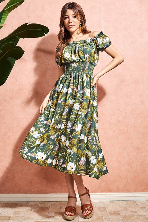 Off The Shoulder Floral Midi Dress - Green by Goddiva