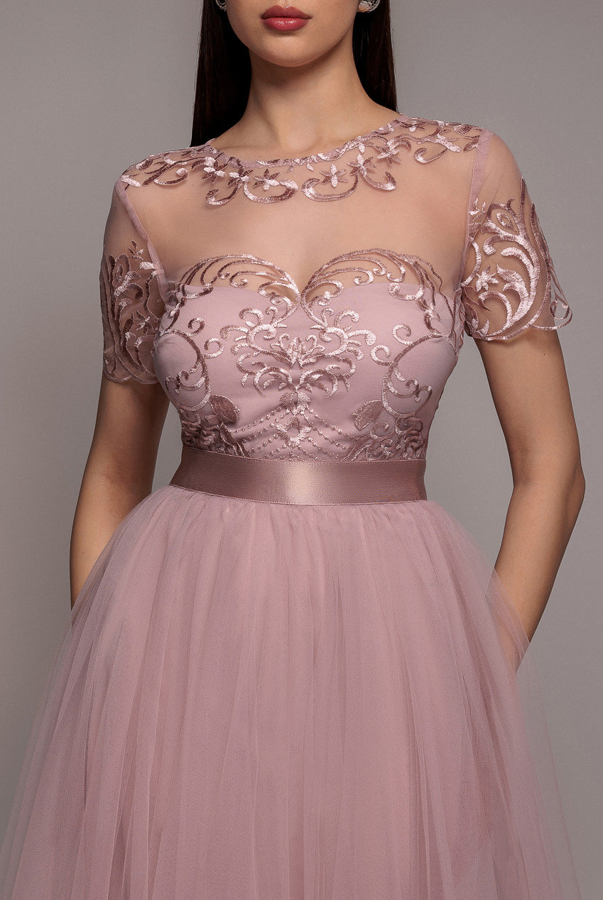 Embroidered Mesh Maxi Dress - Blush DR3584