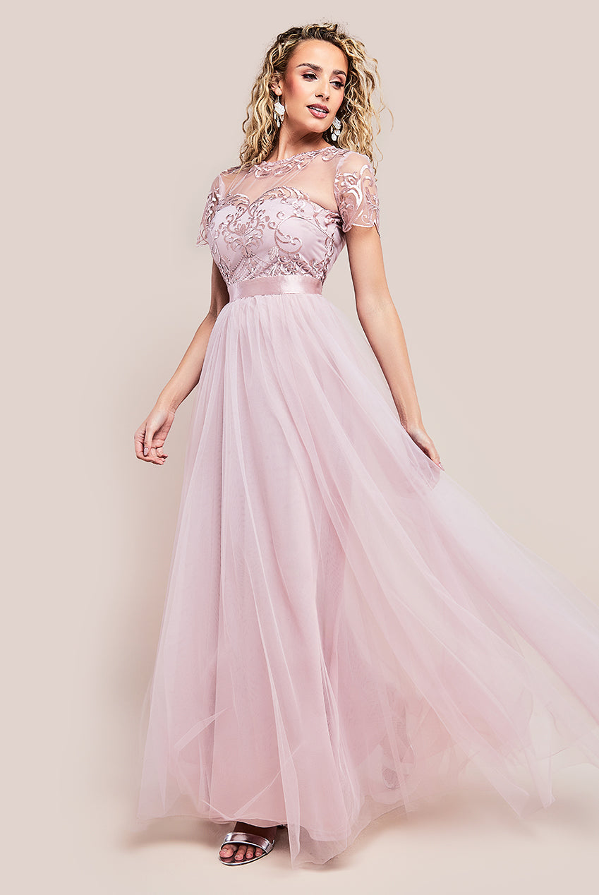 Embroidered Mesh Maxi Dress - Blush DR3584