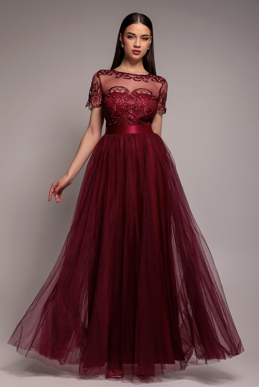 Embroidered Mesh Maxi Dress - Burgundy DR3584