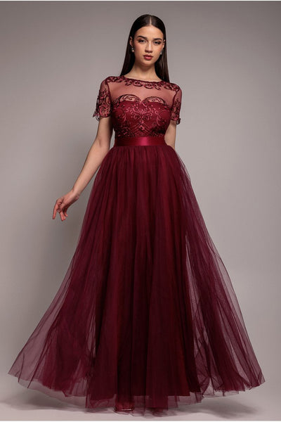 Embroidered Mesh Maxi Dress - Burgundy by Goddiva