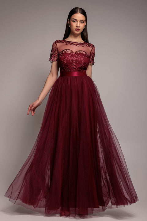Embroidered Mesh Maxi Dress - Burgundy by Goddiva