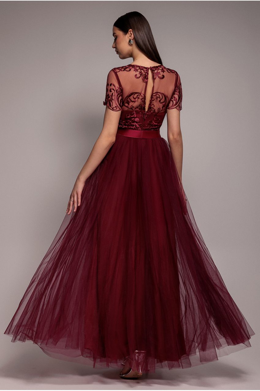 Embroidered Mesh Maxi Dress - Burgundy | Goddiva Embroidered Mesh Maxi Dress - Burgundy | Goddiva