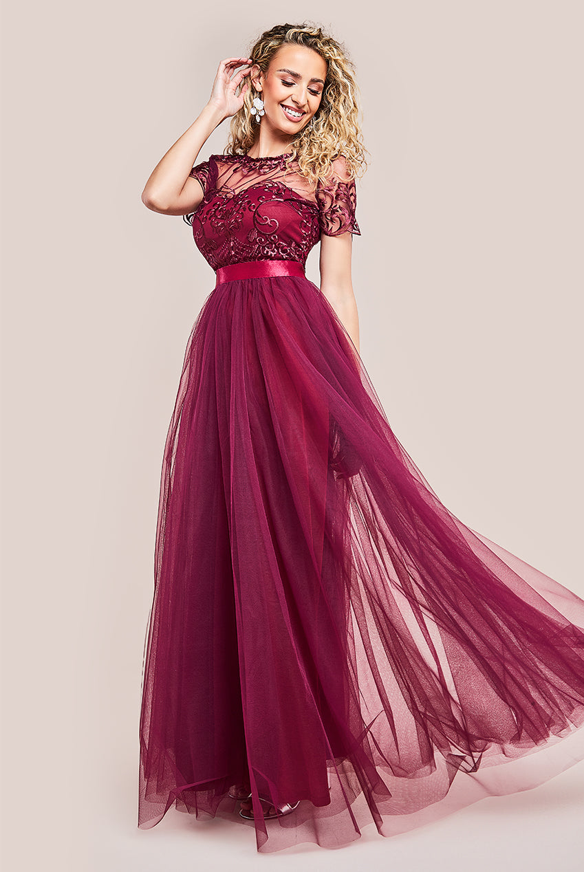 Embroidered Mesh Maxi Dress - Burgundy DR3584