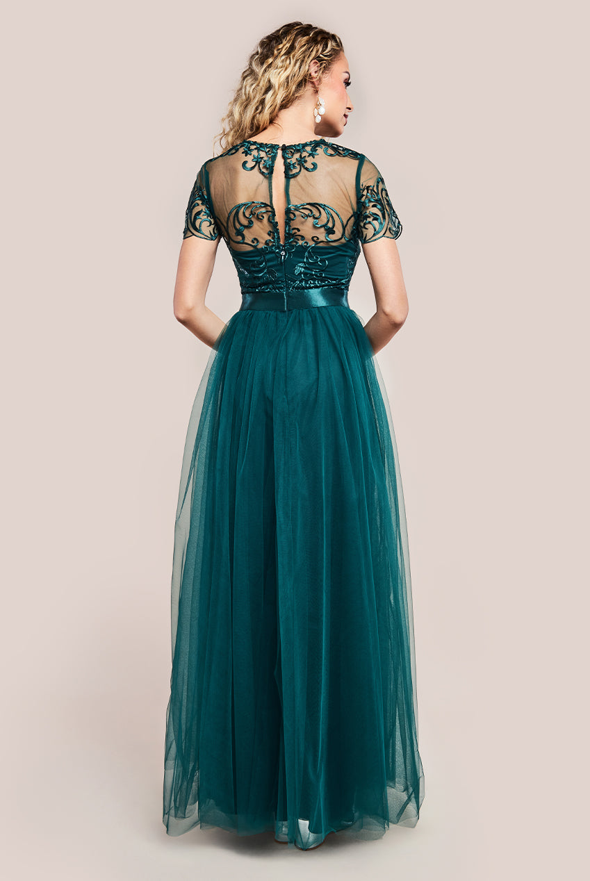 Embroidered Mesh Maxi Dress - Emerald Green DR3584