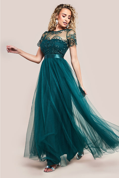 Embroidered Mesh Maxi Dress - Emerald Green DR3584