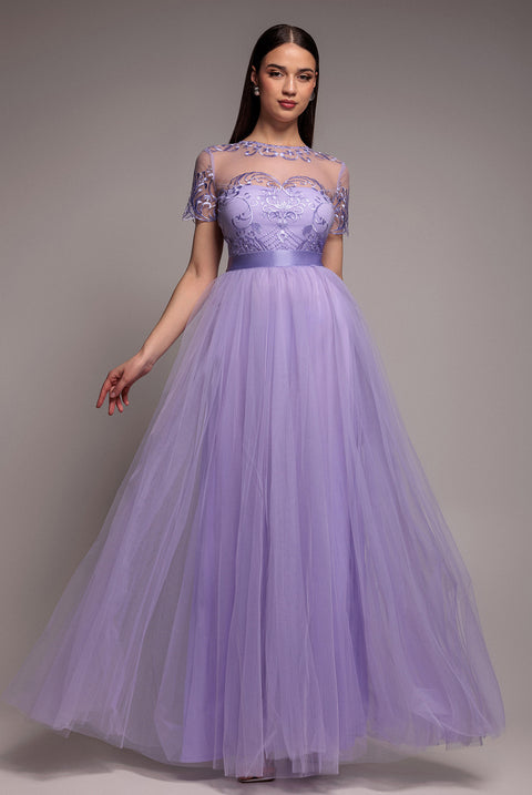 Embroidered Mesh Maxi Dress - Lilac by Goddiva