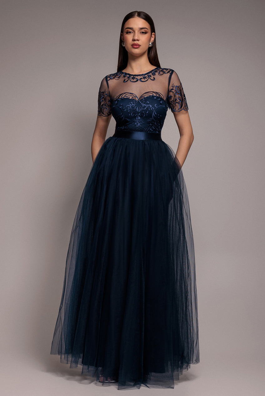 Embroidered Mesh Maxi Dress - Navy DR3584