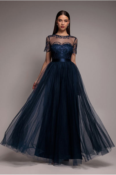 Embroidered Mesh Maxi Dress - Navy by Goddiva