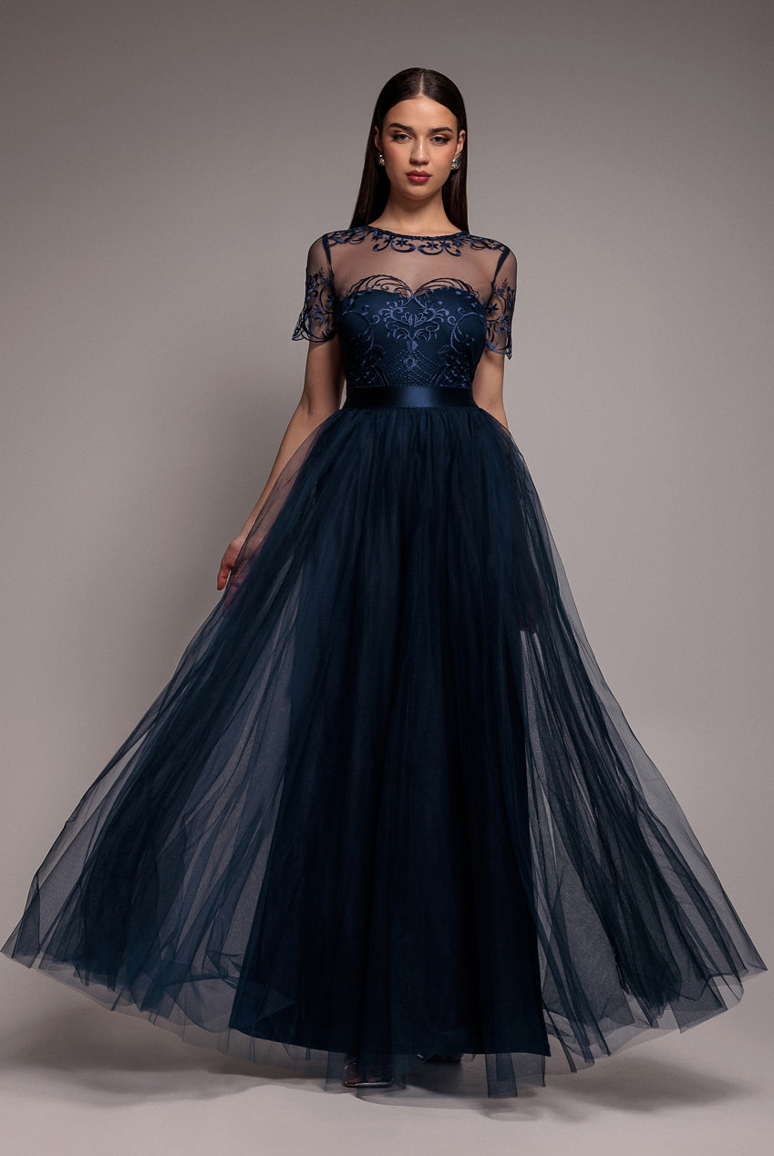 Embroidered Mesh Maxi Dress - Navy DR3584
