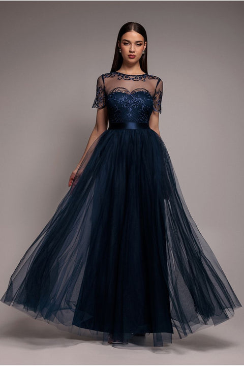 Embroidered Mesh Maxi Dress - Navy | Goddiva Embroidered Mesh Maxi Dress - Navy | Goddiva