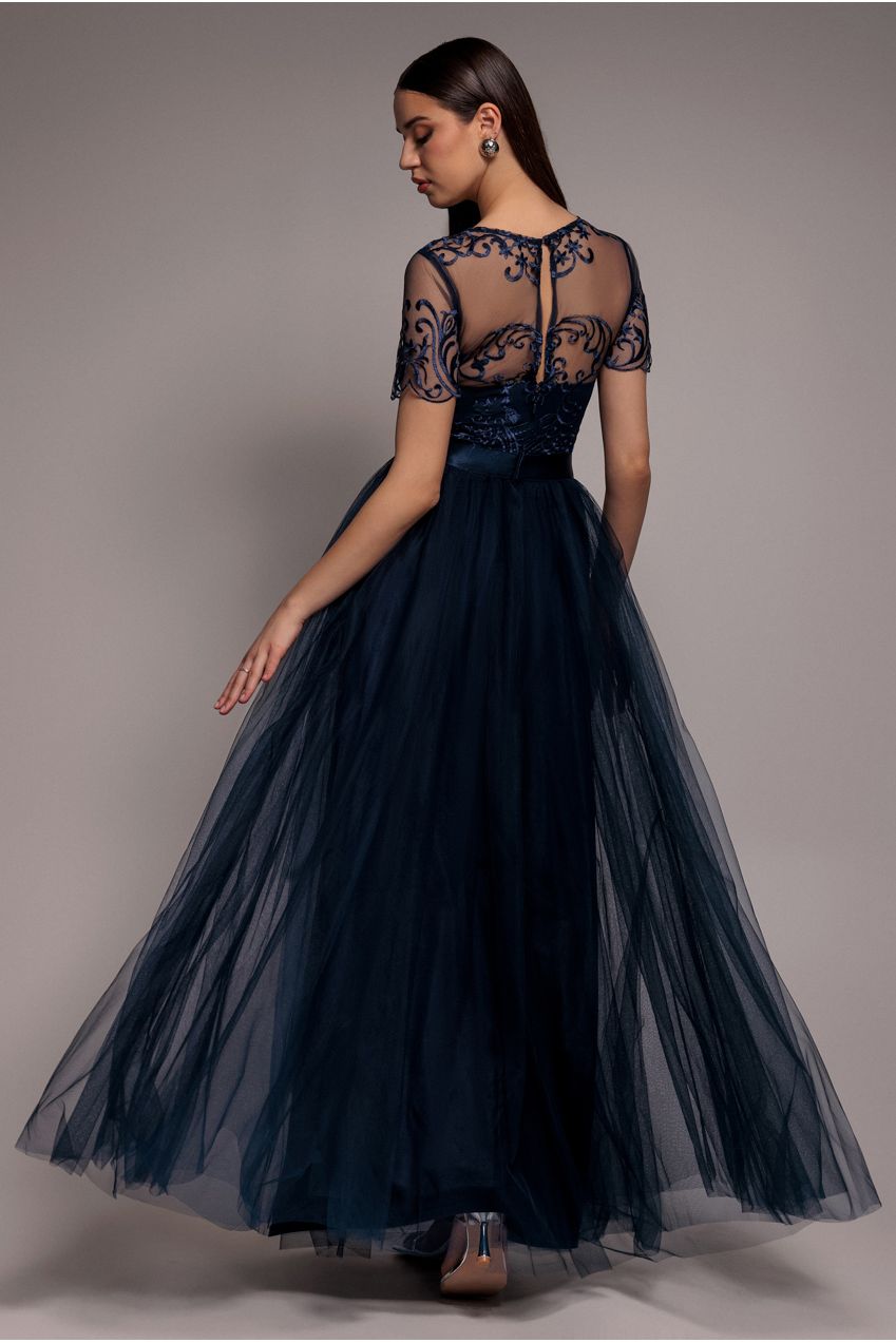 Embroidered Mesh Maxi Dress - Navy | Goddiva Embroidered Mesh Maxi Dress - Navy | Goddiva