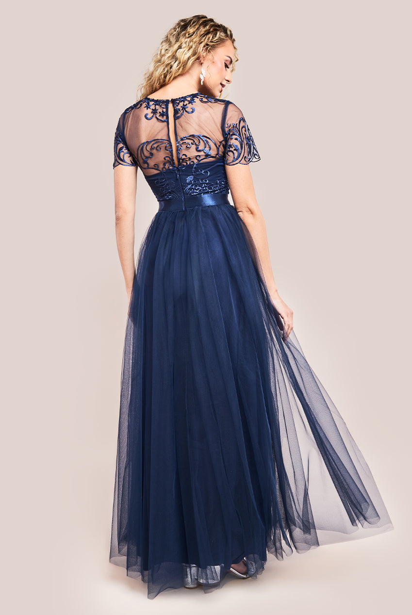 Embroidered Mesh Maxi Dress - Navy DR3584