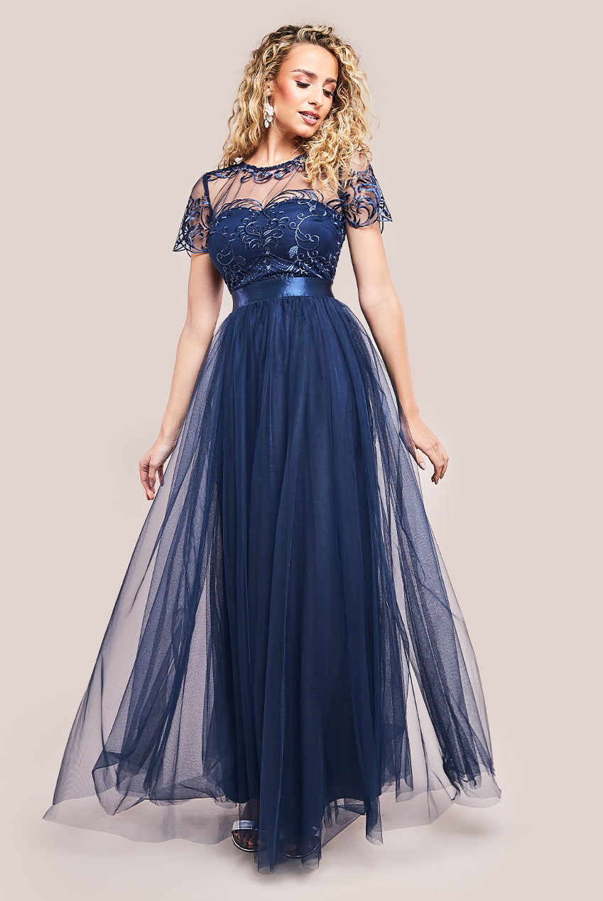 Embroidered Mesh Maxi Dress - Navy DR3584
